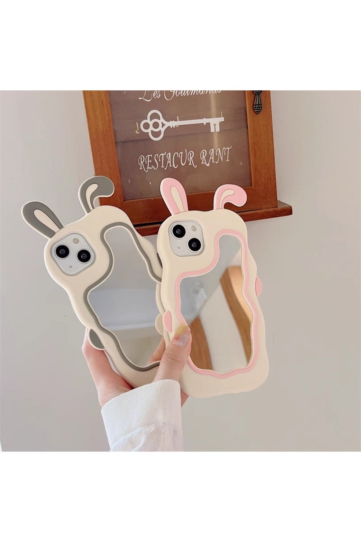 iPhone 13/14/15 Uyumlu Sevimli Tavşan Kulaklı Makyaj Aynalı Darbe Koruyucu Telefon Kılıfı