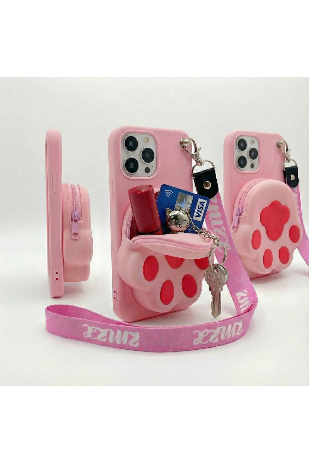 İphone 14 Pro Uyumlu Çantalı ve Boyun El Askı Aparatlı 3 Boyutlu Desenli Telefon Kılıfı