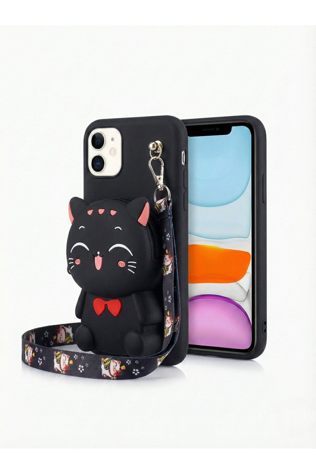 İphone 11 Uyumlu Çantalı ve Boyun El Askı Aparatlı 3 Boyutlu Desenli Telefon Kılıfı