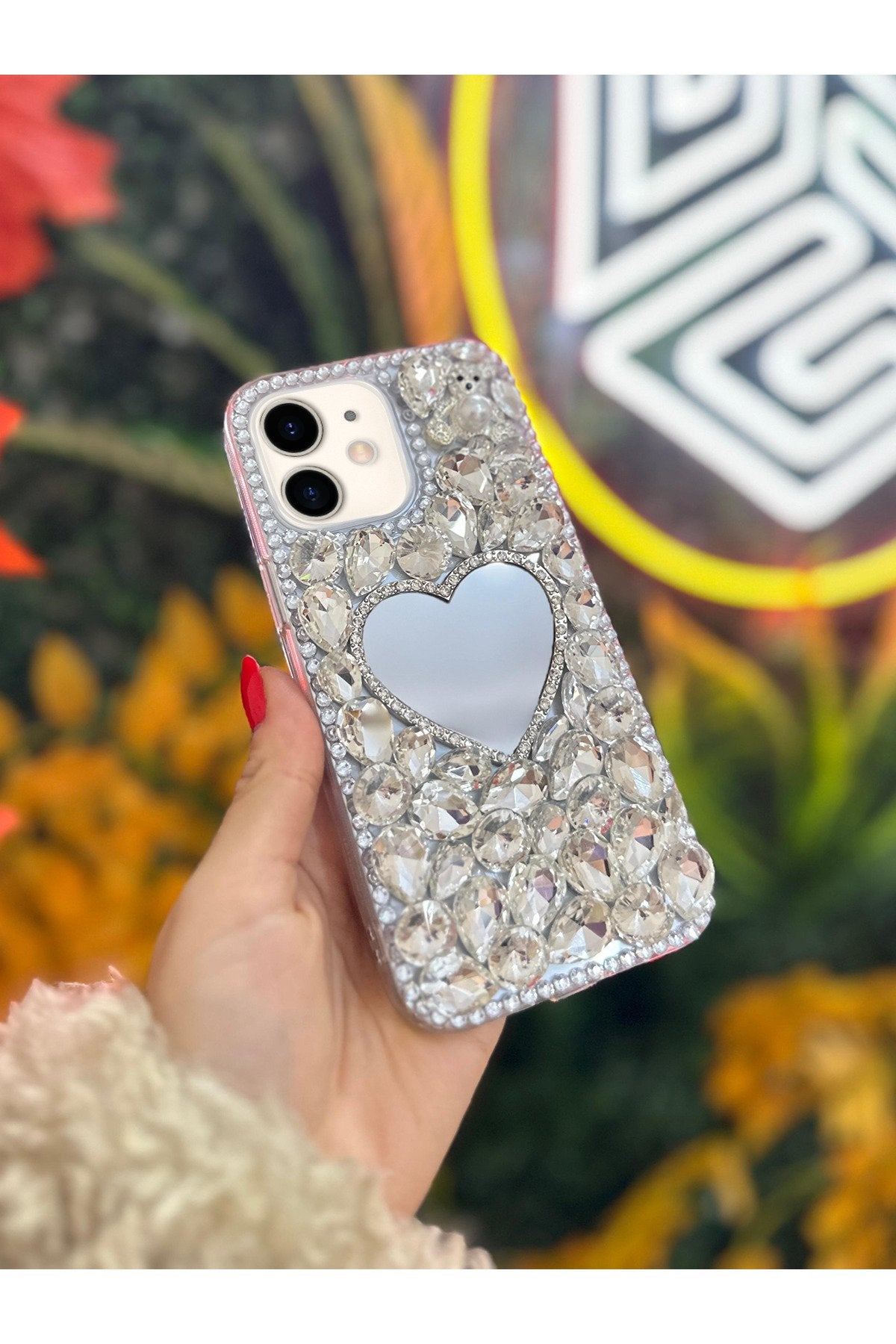 iPhone 12 Ve 12 Pro Uyumlu Aynalı Ayıcık Karakterli Gümüş Renk Taşlı Koruyucu Premium Kılıf