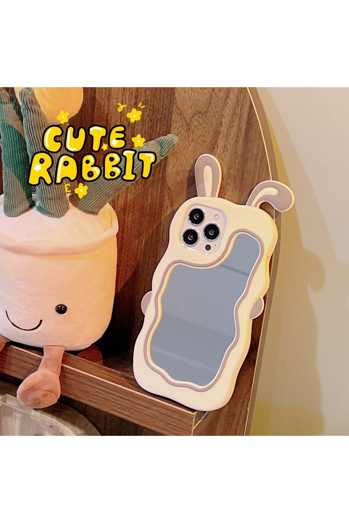 iPhone 14 Pro Uyumlu Sevimli Tavşan Kulaklı Makyaj Aynalı Darbe Koruyucu Telefon Kılıfı