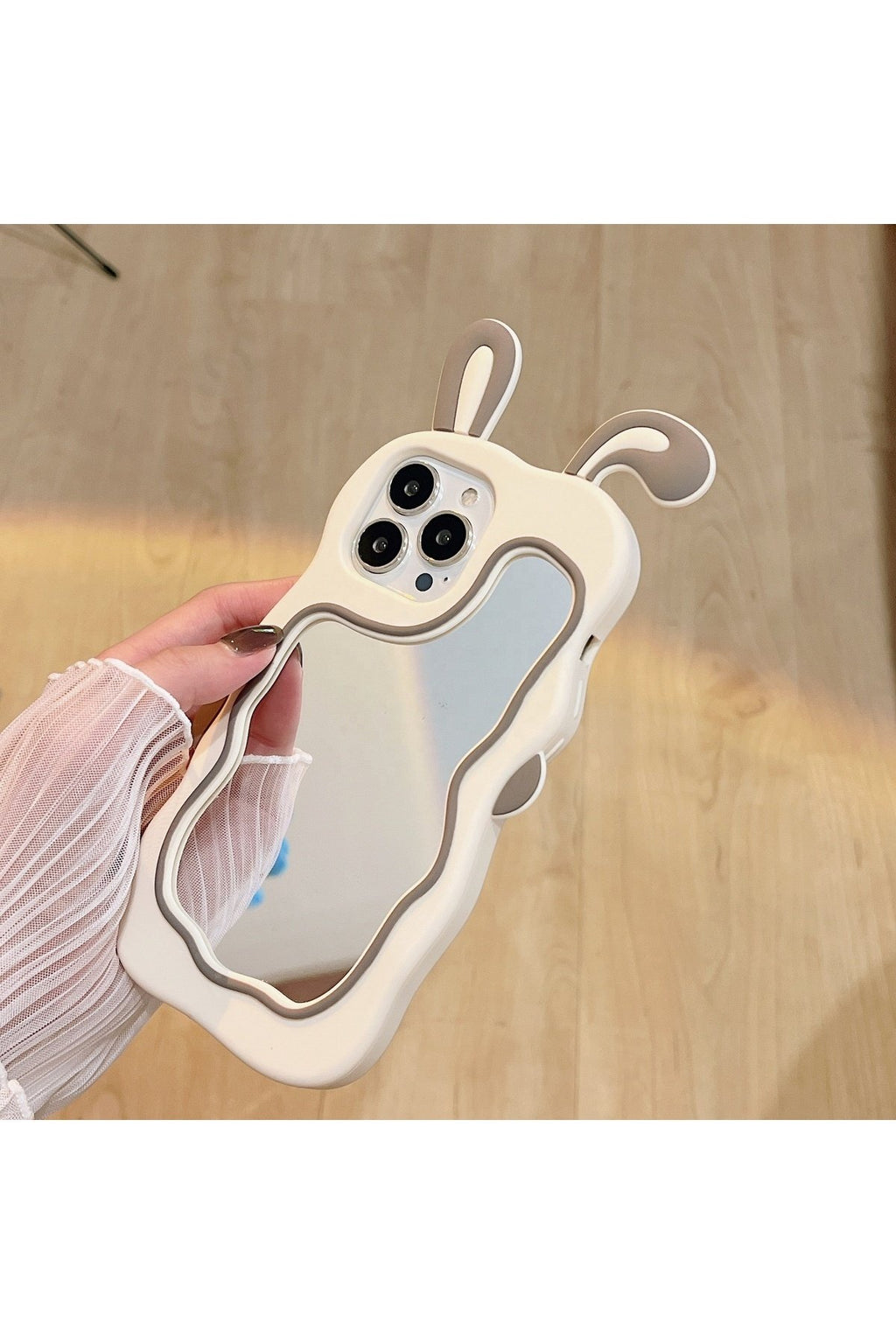 iPhone 15 Pro Max Uyumlu Sevimli Tavşan Kulaklı Makyaj Aynalı Darbe Koruyucu Telefon Kılıfı