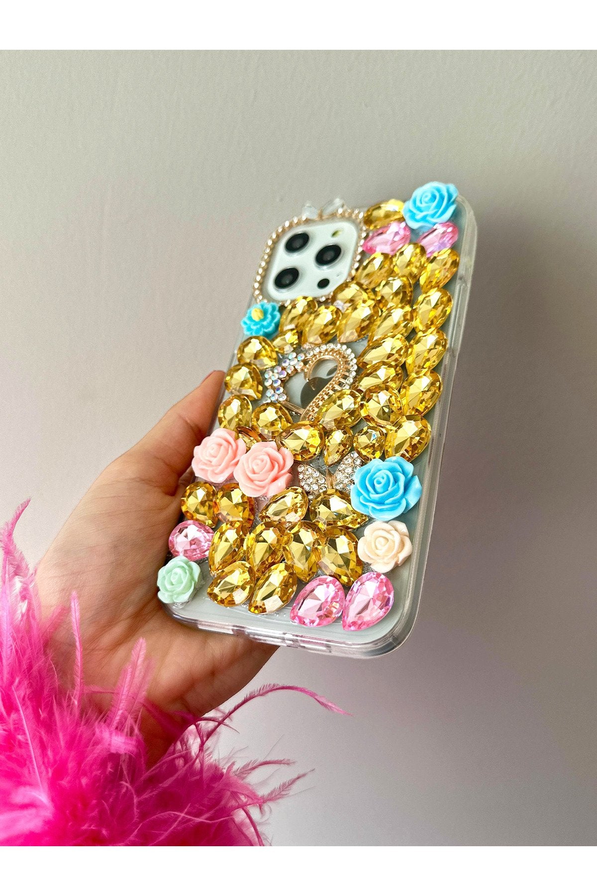 iPhone 15 Pro Uyumlu Aynalı Ve Güllü Altın Rengi Taş Döşemeli Ultra Premium Koruyucu Kılıf