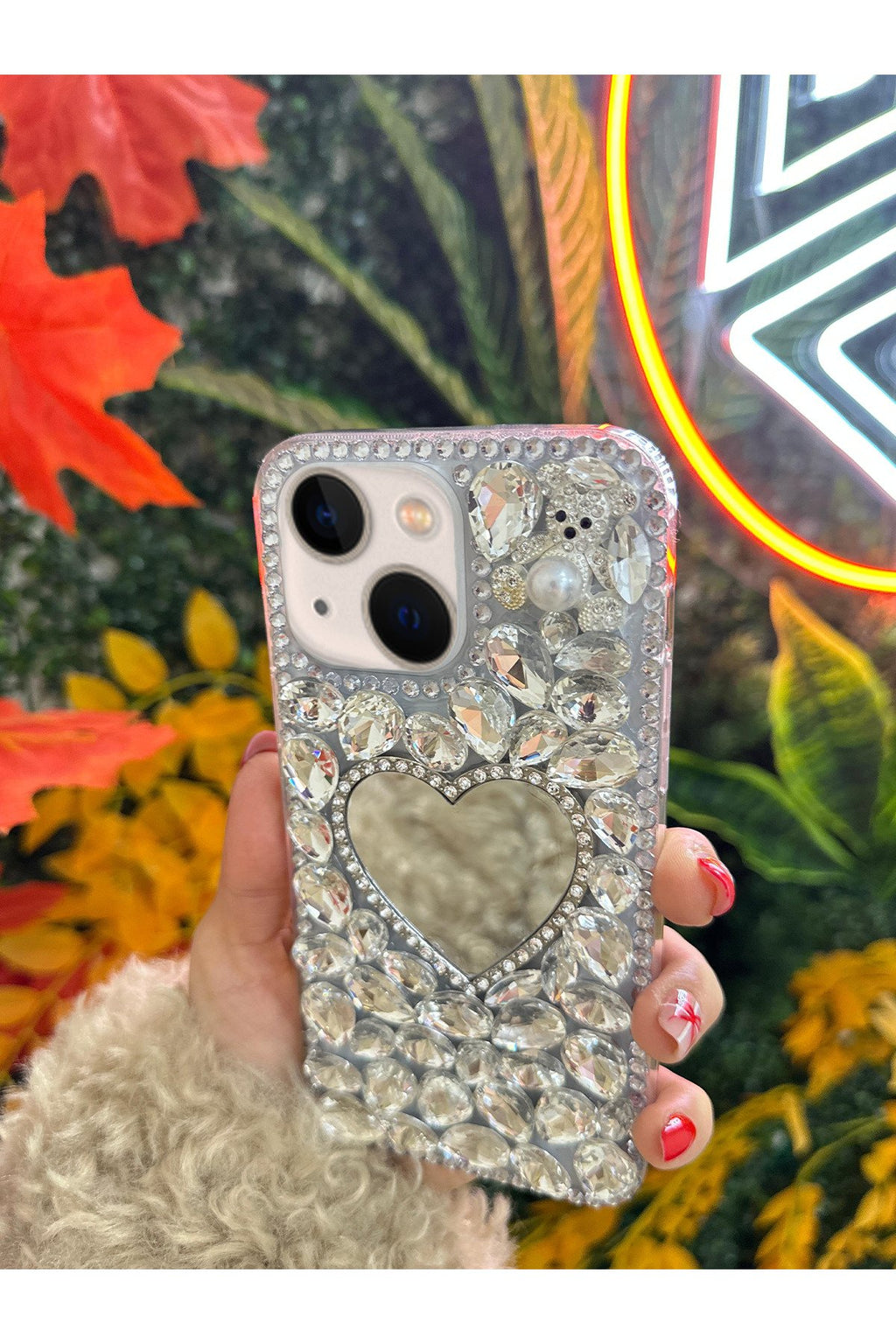 iPhone 13 Ve 14 Uyumlu Aynalı Ayıcık Karakterli Gümüş Renk Taşlı Koruyucu Premium Kılıf