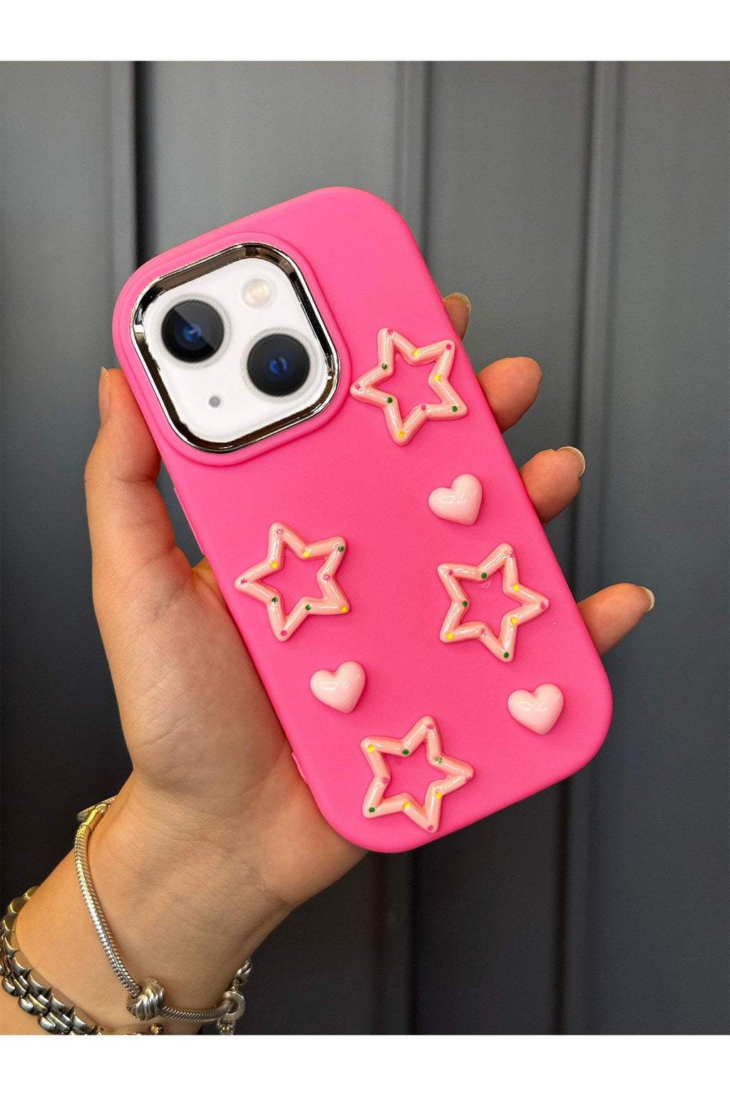 iPhone 13 Ve 14 Uyumlu Darbe Emici Yapılı 3d Pembe Yıldızlar Karakterli Koruyucu Kılıf