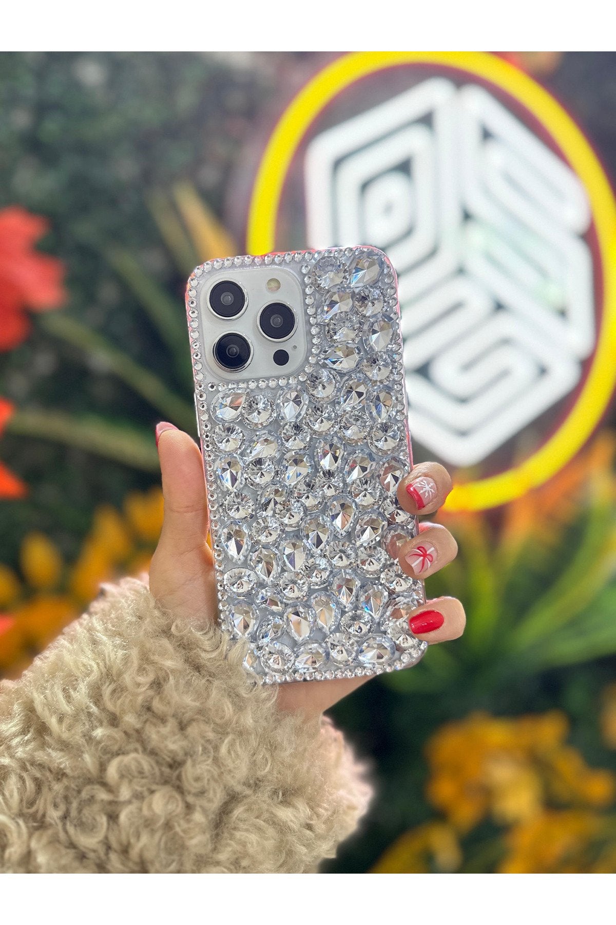 iPhone 12 Pro Max Kılıf (Sadece 12 Pro Max Uyumludur) Ultra Lüx Renkli Damla Taşlı Kokoş Kılıf