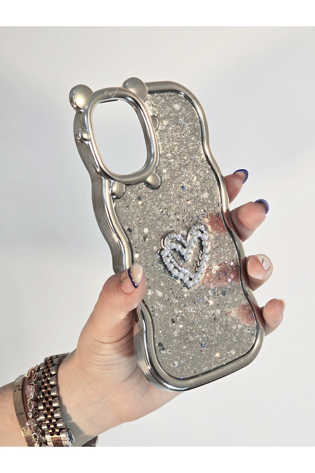 iPhone 16 Plus Uyumlu Parlak Simli Desenli Ayıcık Karakterli Premium Telefon Kılıfı