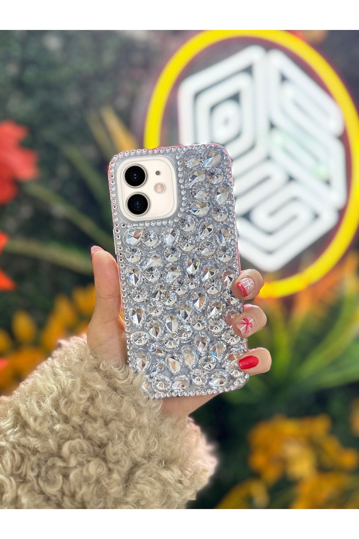 Iphone 12-12 Pro Kılıf (2 MODEL İLE UYUMLUDUR) Ultra Lüx Renkli Damla Taşlı Kokoş Kılıf