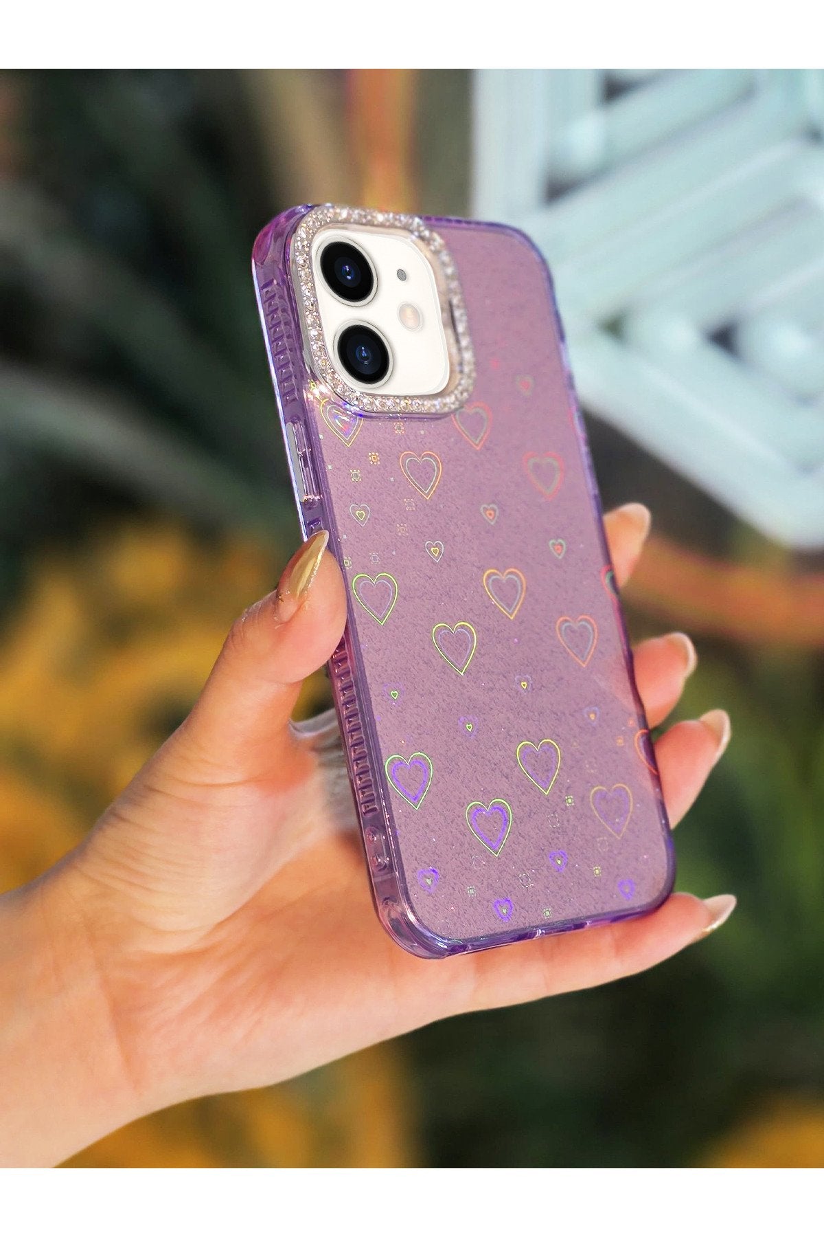 iPhone 15 Plus ve 14 Plus Uyumlu Işıkta Renk Değiştiren Kalp Desenli Darbe Emici Premium Lüx Kılıf