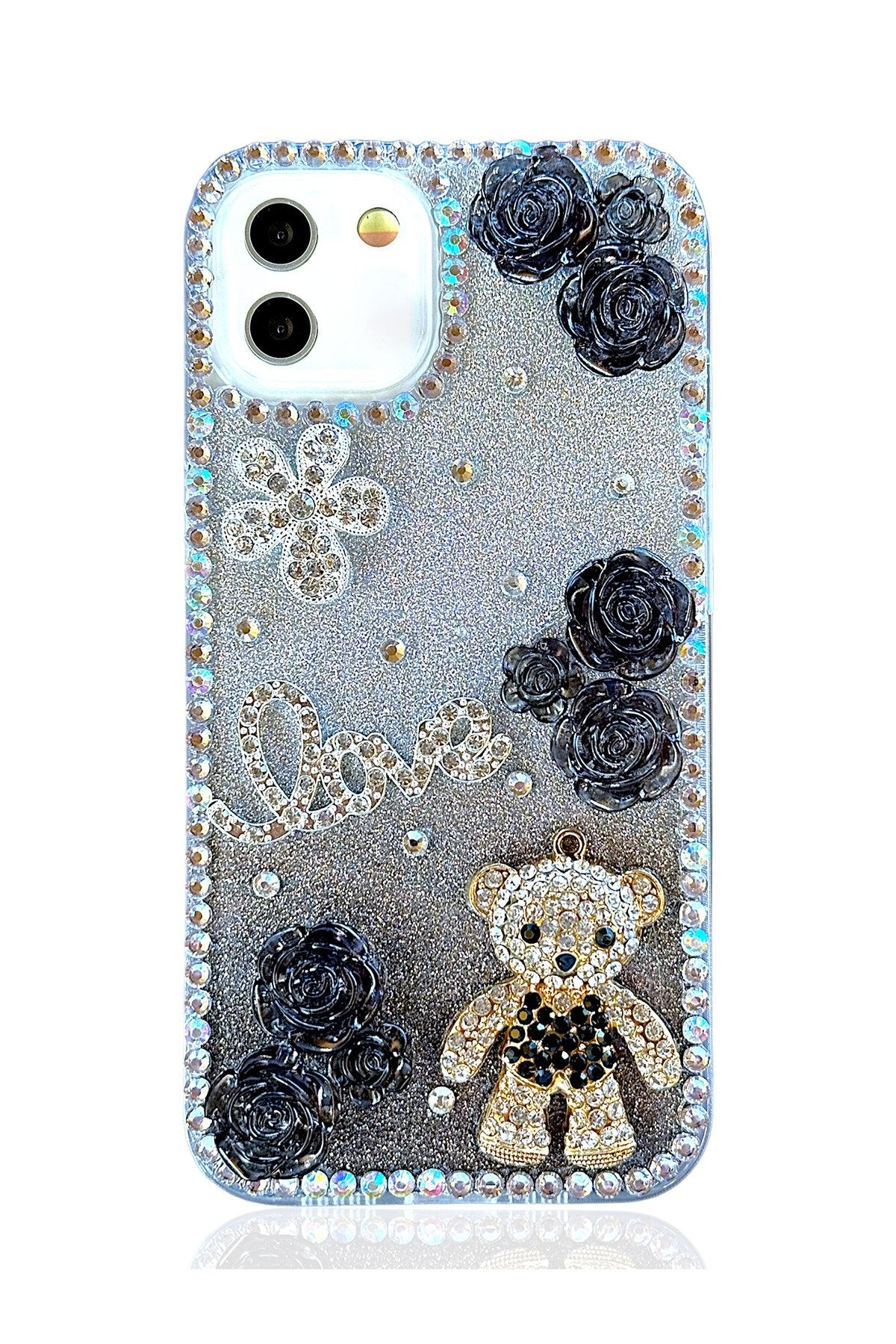 İPhone 11 Uyumlu Kılıf 3d Ayıcık Çiçek Figürlü Ve Taşlı Darbe Emici Koruyucu Kılıf