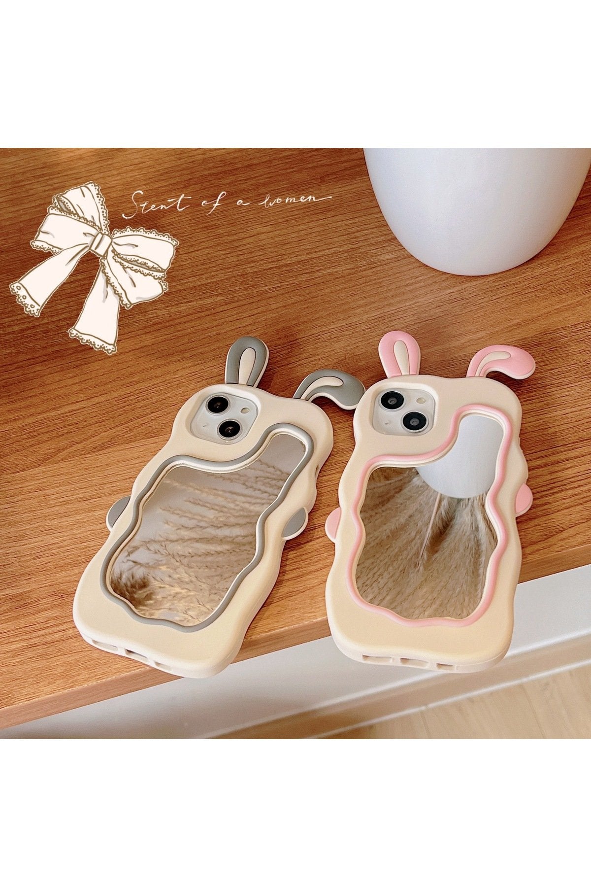 iPhone 15 Pro Uyumlu Sevimli Tavşan Kulaklı Makyaj Aynalı Darbe Koruyucu Telefon Kılıfı