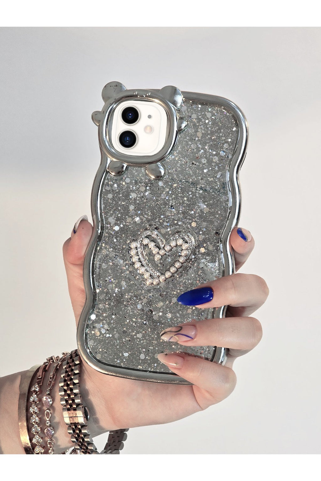 iPhone 11 Uyumlu Parlak Simli Desenli Ayıcık Karakterli Premium Telefon Kılıfı