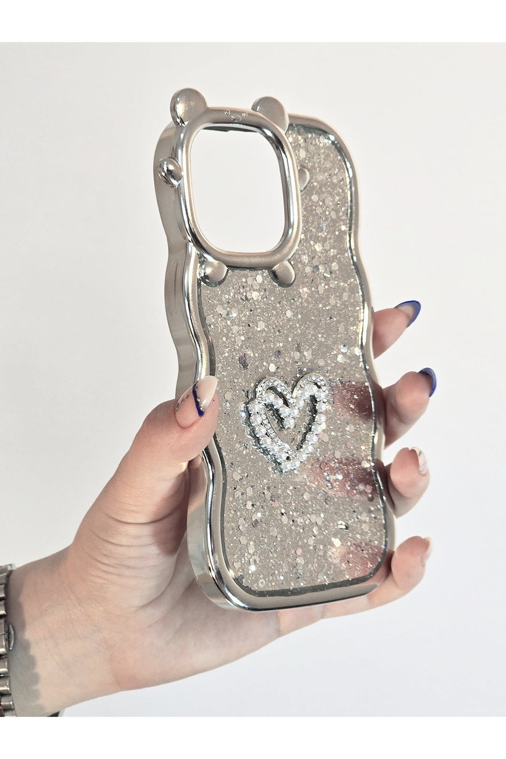 iPhone 14 Pro Uyumlu Parlak Simli Desenli Ayıcık Karakterli Premium Telefon Kılıfı