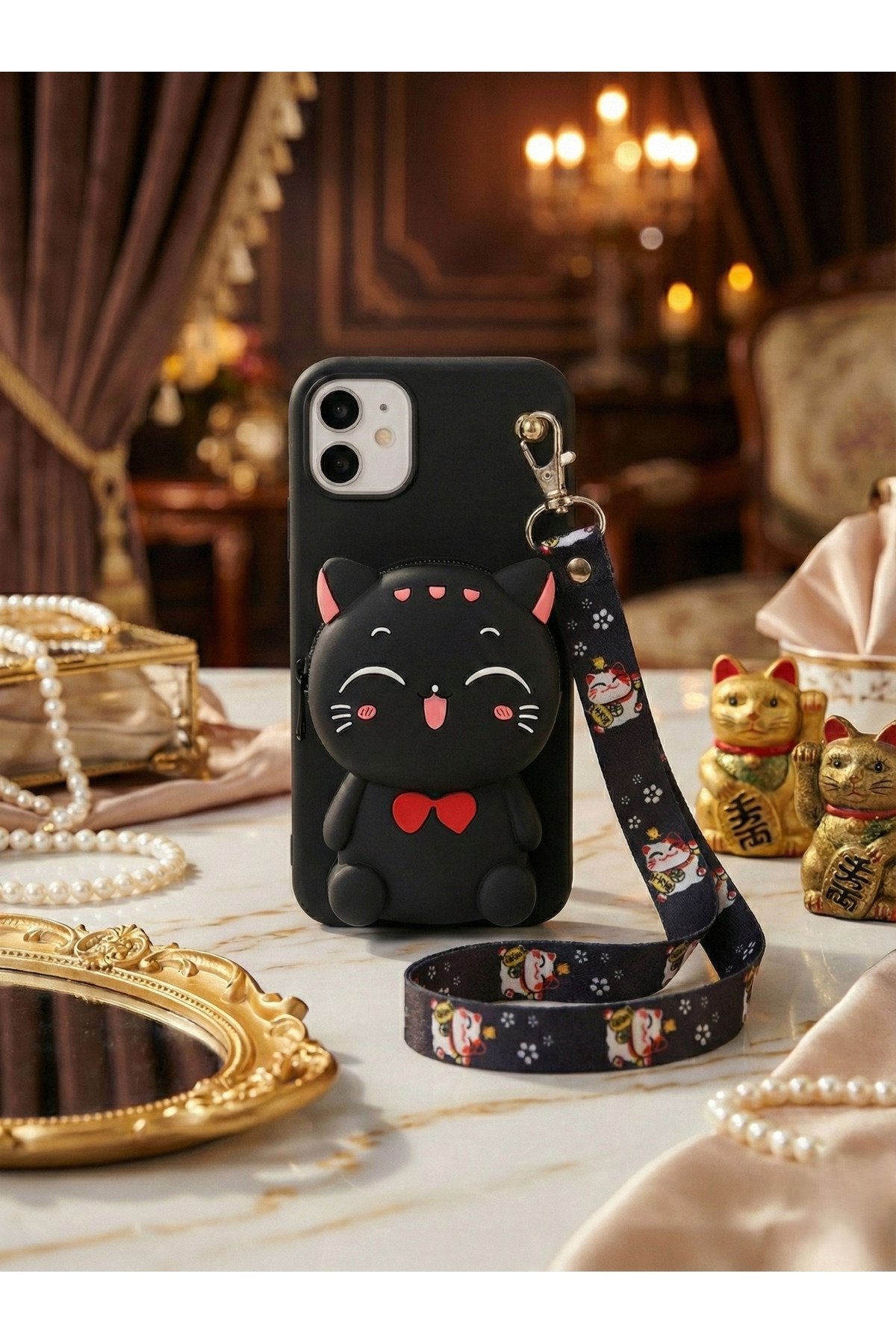 İphone 11 Uyumlu Çantalı ve Boyun El Askı Aparatlı 3 Boyutlu Desenli Telefon Kılıfı