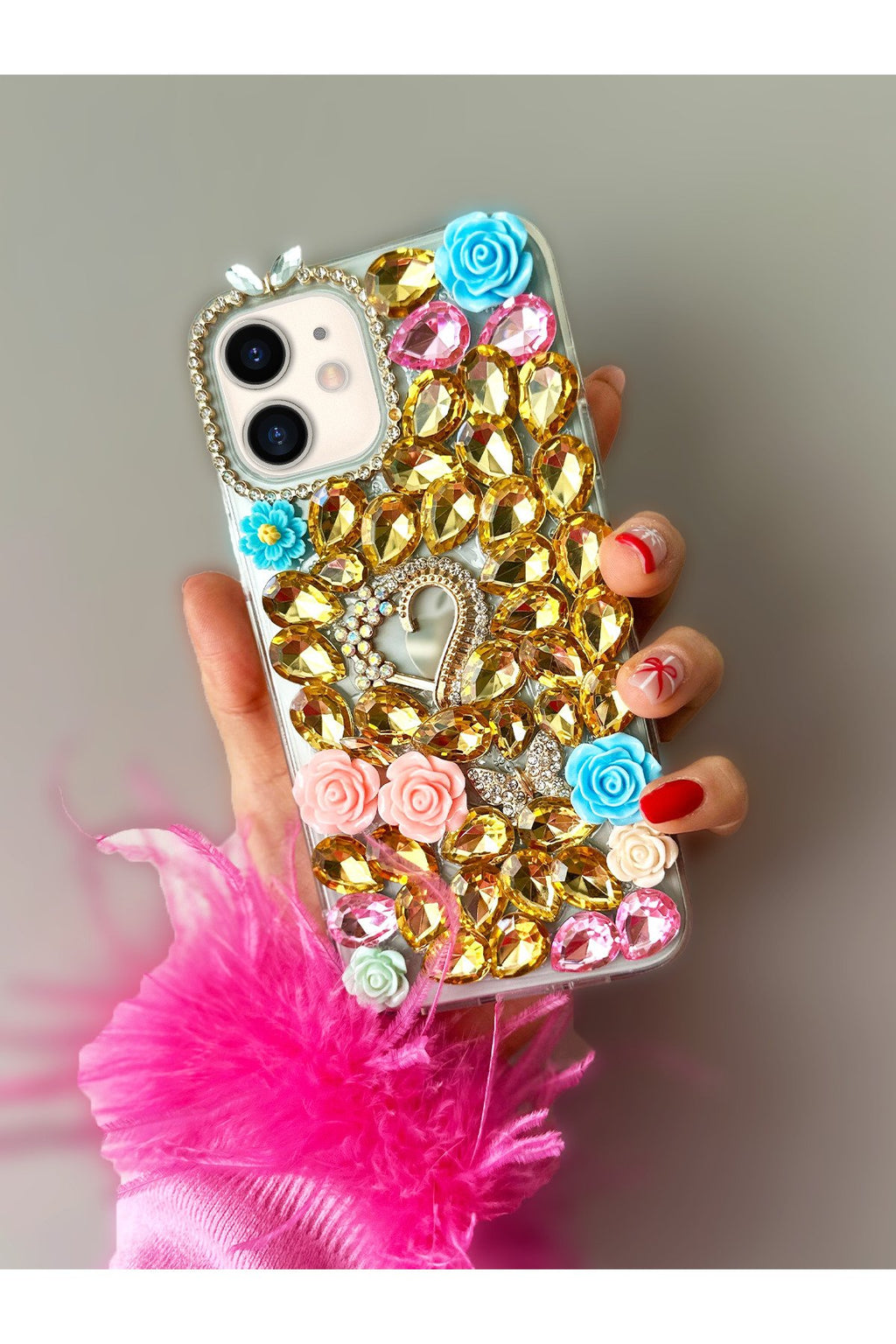 iPhone 11 Uyumlu Aynalı Ve Güllü Altın Rengi Taş Döşemeli Ultra Premium Koruyucu Kılıf