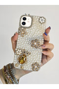 iPhone 11 Uyumlu İncili Ve 3d Karakterli El Yapımı Taşlı Premium Koruyucu Telefon Kılıfı