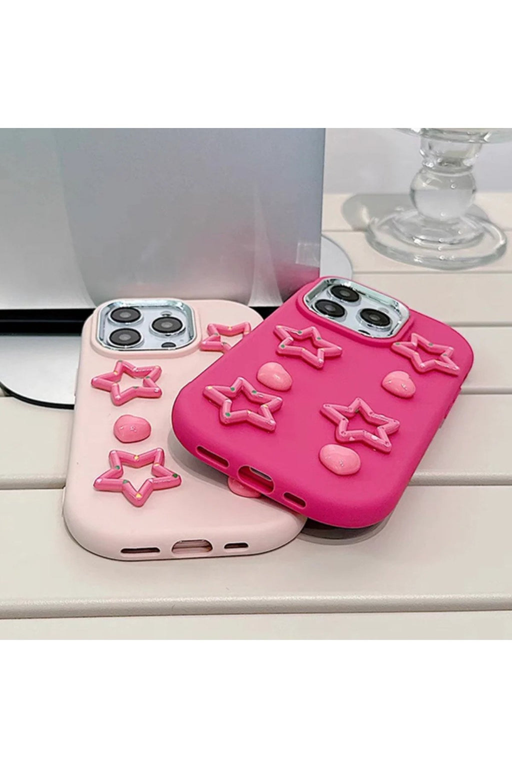 iPhone 14 Pro Max Uyumlu Darbe Emici Yapılı 3d Pembe Yıldızlar Karakterli Koruyucu Lüx Kılıf