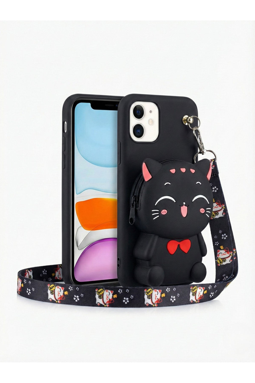 İphone 11 Uyumlu Çantalı ve Boyun El Askı Aparatlı 3 Boyutlu Desenli Telefon Kılıfı