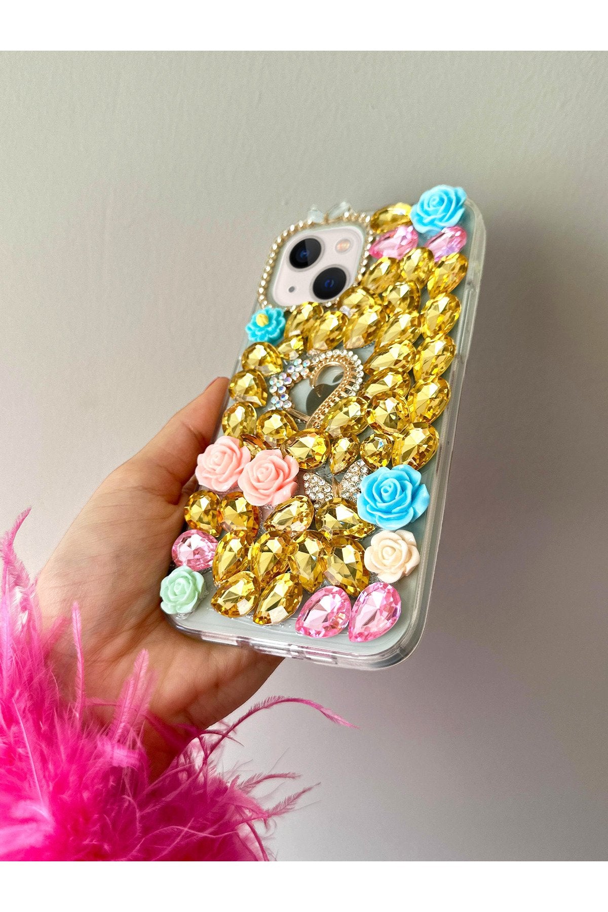 iPhone 13 14 Ve 15 (3 Model) Uyumlu Aynalı Ve Güllü Altın Rengi Taş Döşemeli Ultra Premium Kılıf