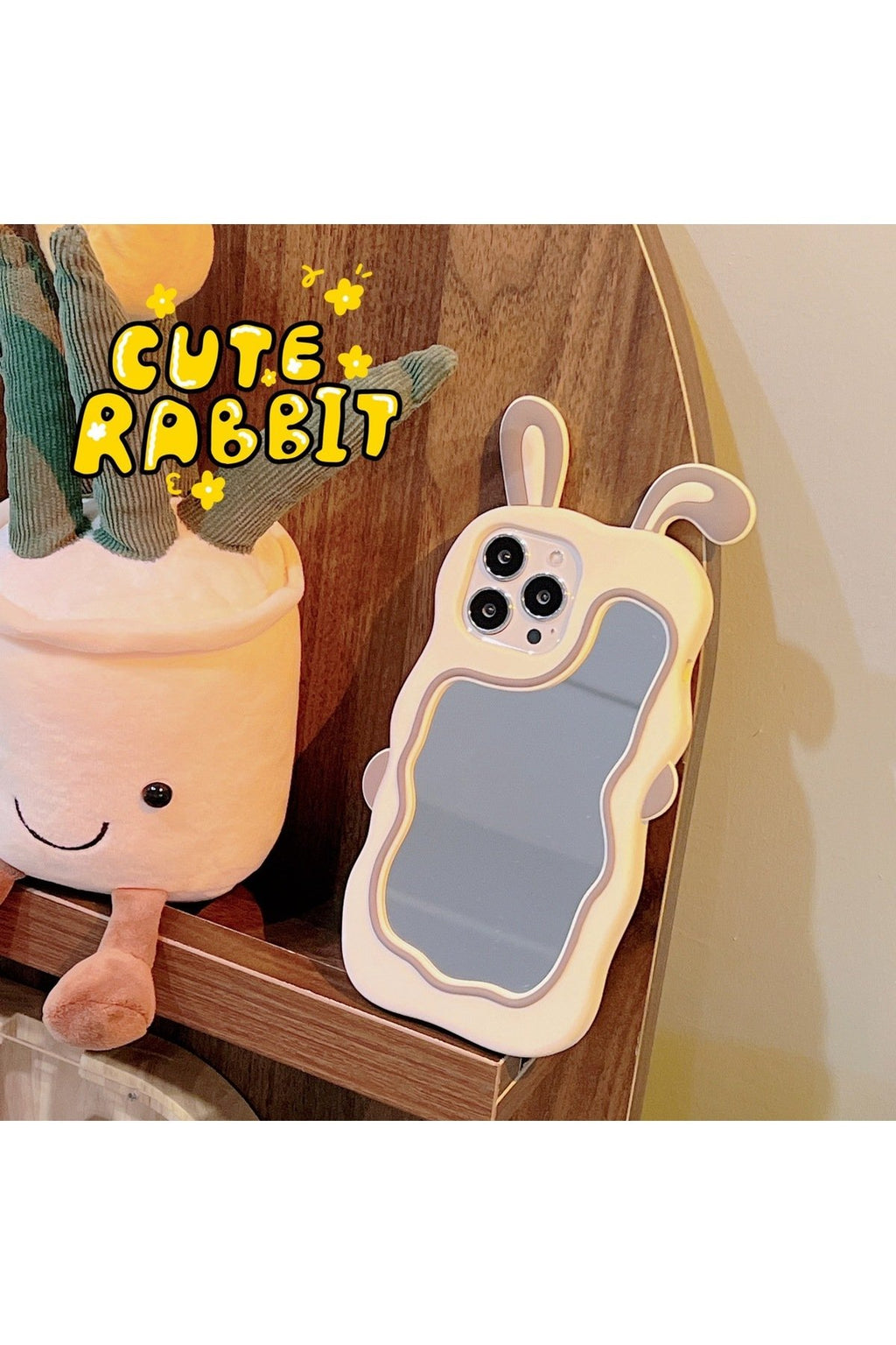 iPhone 15 Pro Uyumlu Sevimli Tavşan Kulaklı Makyaj Aynalı Darbe Koruyucu Telefon Kılıfı
