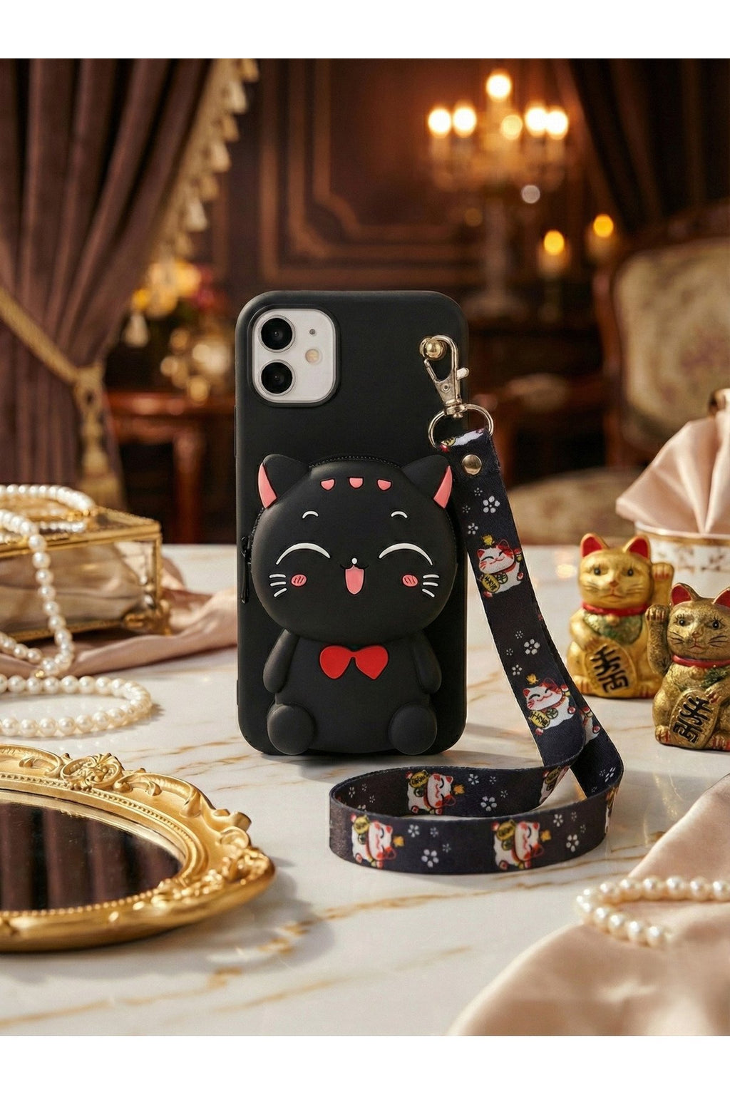 İphone 12 ve 12 Pro Uyumlu Çantalı ve Boyun El Askı Aparatlı 3 Boyutlu Desenli Telefon Kılıfı