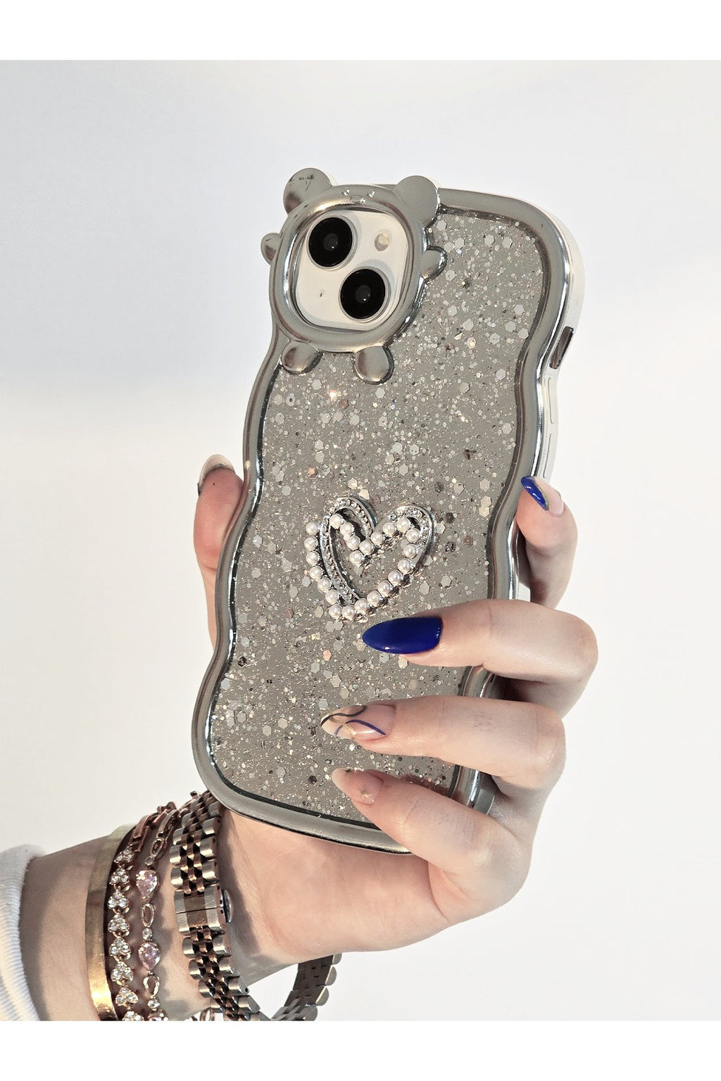 iPhone 13 Uyumlu Parlak Simli Desenli Ayıcık Karakterli Premium Telefon Kılıfı