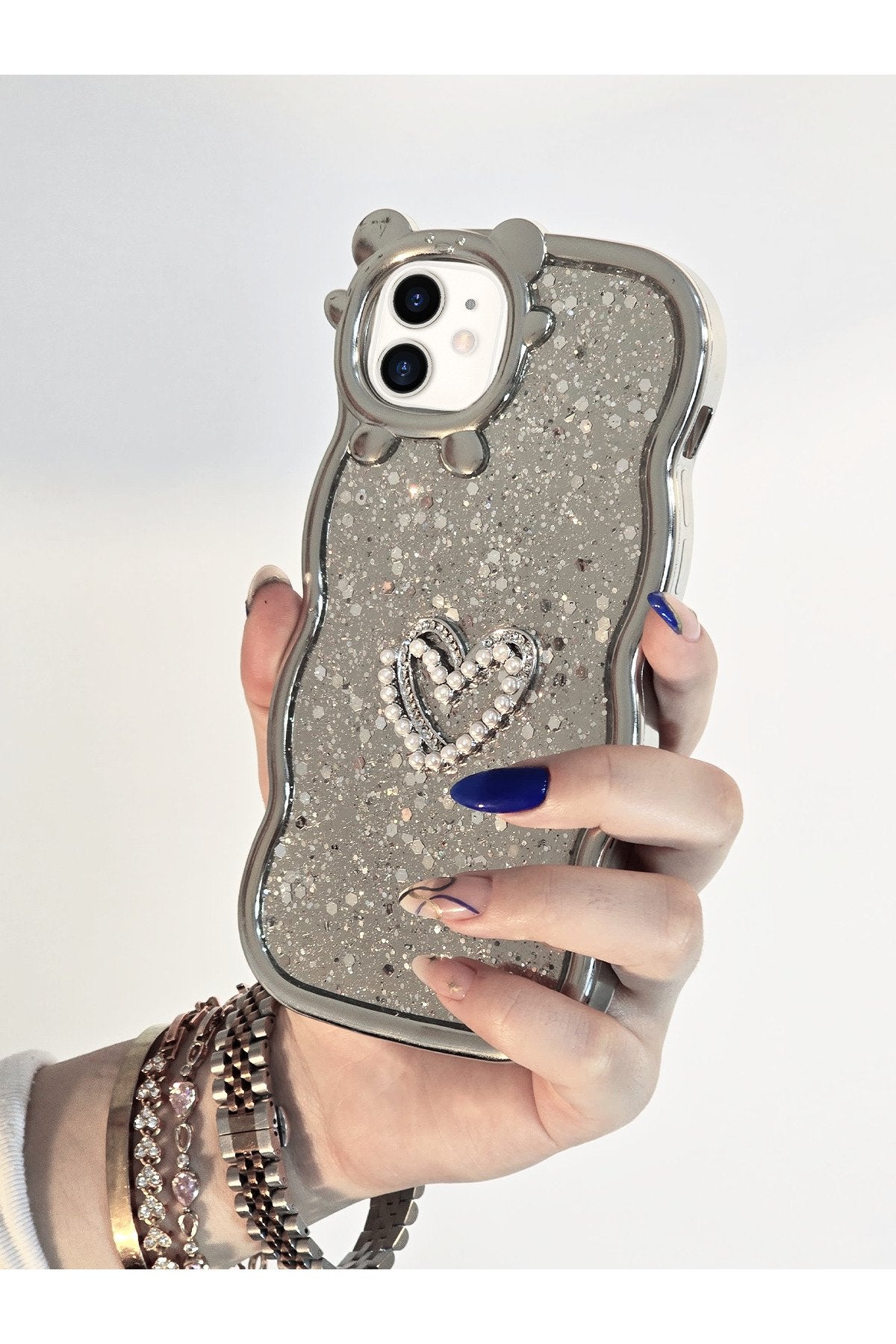 iPhone 11 Uyumlu Parlak Simli Desenli Ayıcık Karakterli Premium Telefon Kılıfı