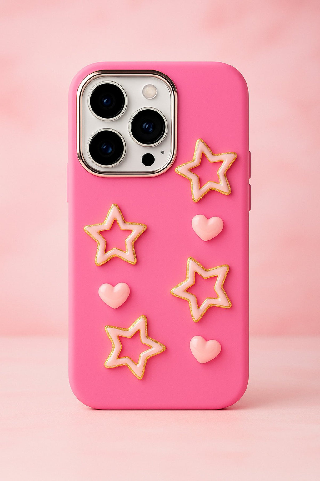 iPhone 14 Pro Max Uyumlu Darbe Emici Yapılı 3d Pembe Yıldızlar Karakterli Koruyucu Lüx Kılıf