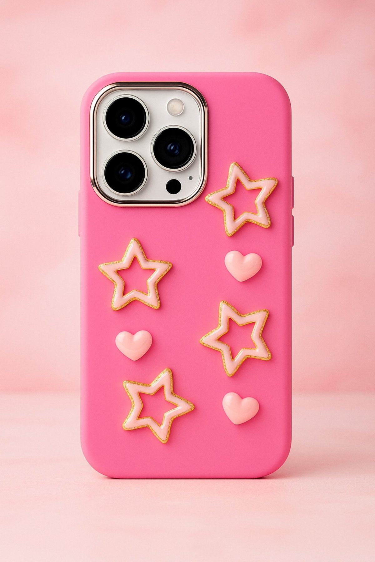 iPhone 14 Pro Max Uyumlu Darbe Emici Yapılı 3d Pembe Yıldızlar Karakterli Koruyucu Lüx Kılıf