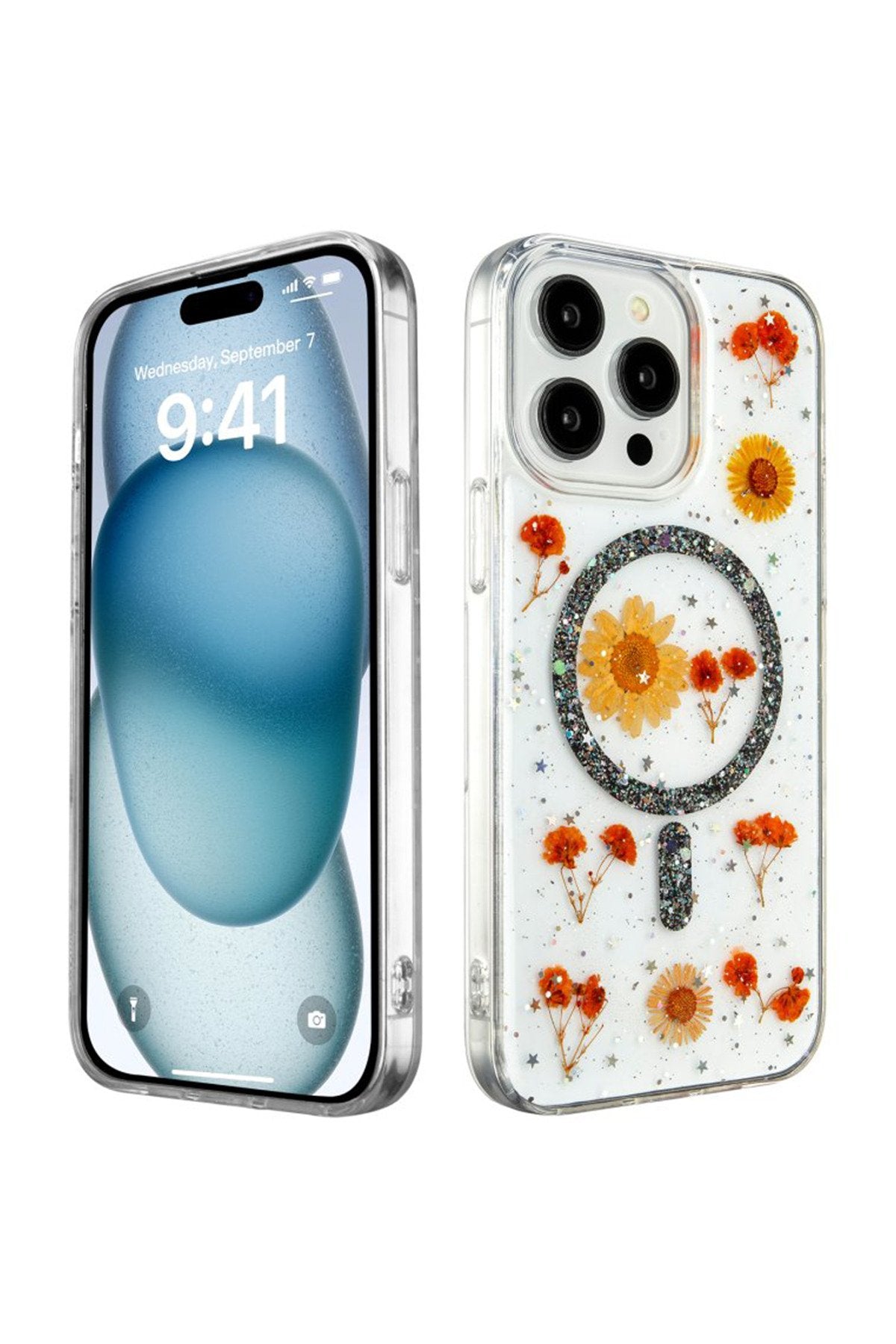 iPhone 16 Pro Max Uyumlu Magsafe Destekli Kurutulmuş Çiçek Desenli Şeffaf Premium Telefon Kılıfı