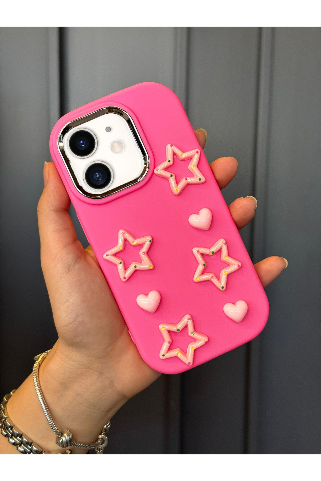 iPhone 11 Uyumlu Darbe Emici Yapılı 3d Pembe Yıldızlar Karakterli Koruyucu Lüx Kılıf