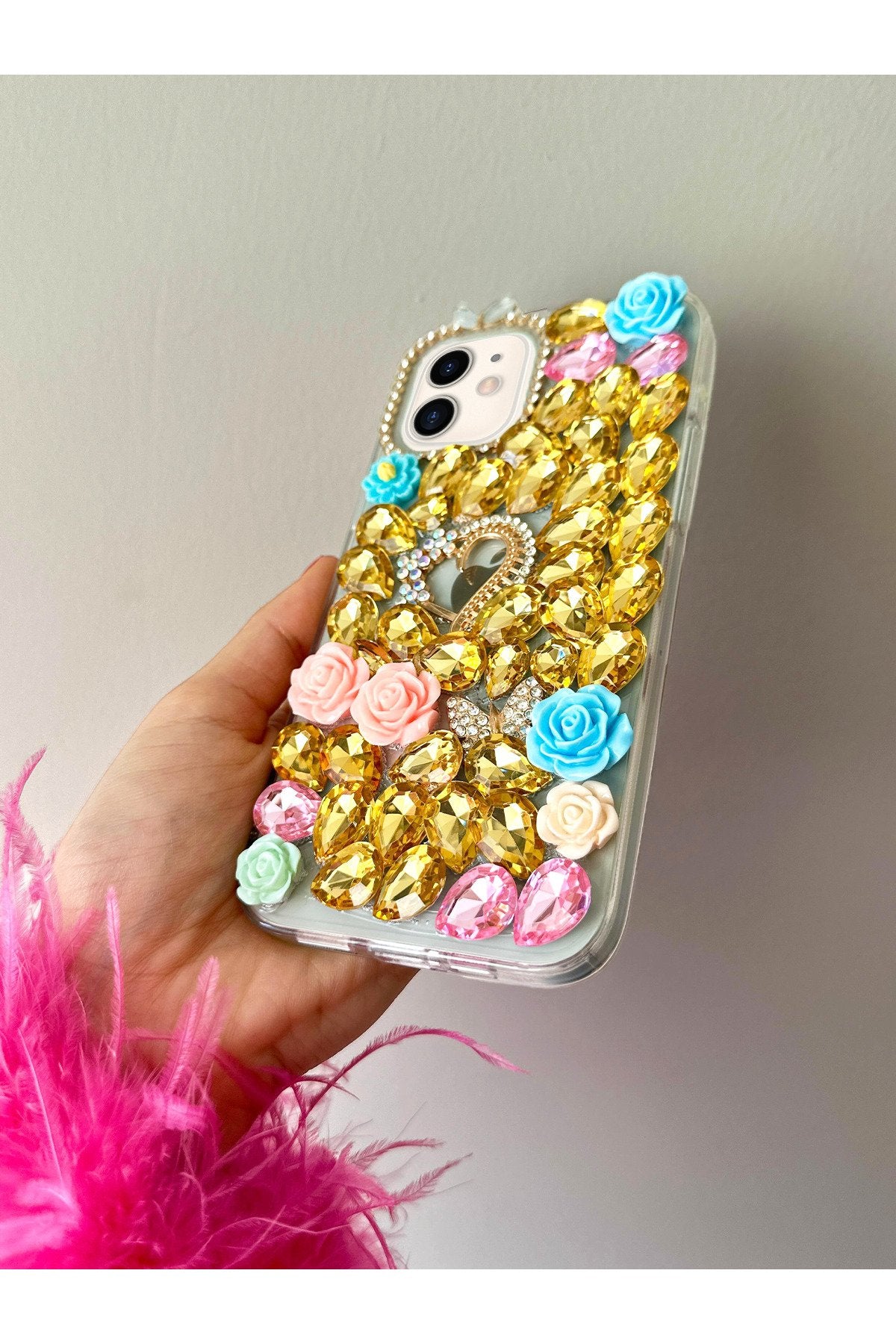 iPhone 11 Uyumlu Aynalı Ve Güllü Altın Rengi Taş Döşemeli Ultra Premium Koruyucu Kılıf