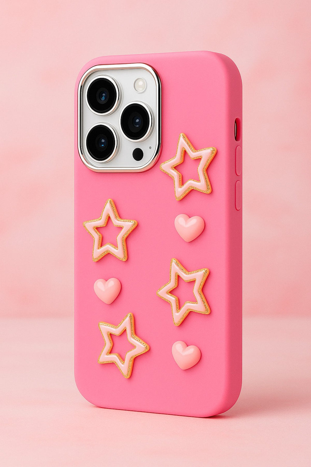 iPhone 14 Pro Max Uyumlu Darbe Emici Yapılı 3d Pembe Yıldızlar Karakterli Koruyucu Lüx Kılıf