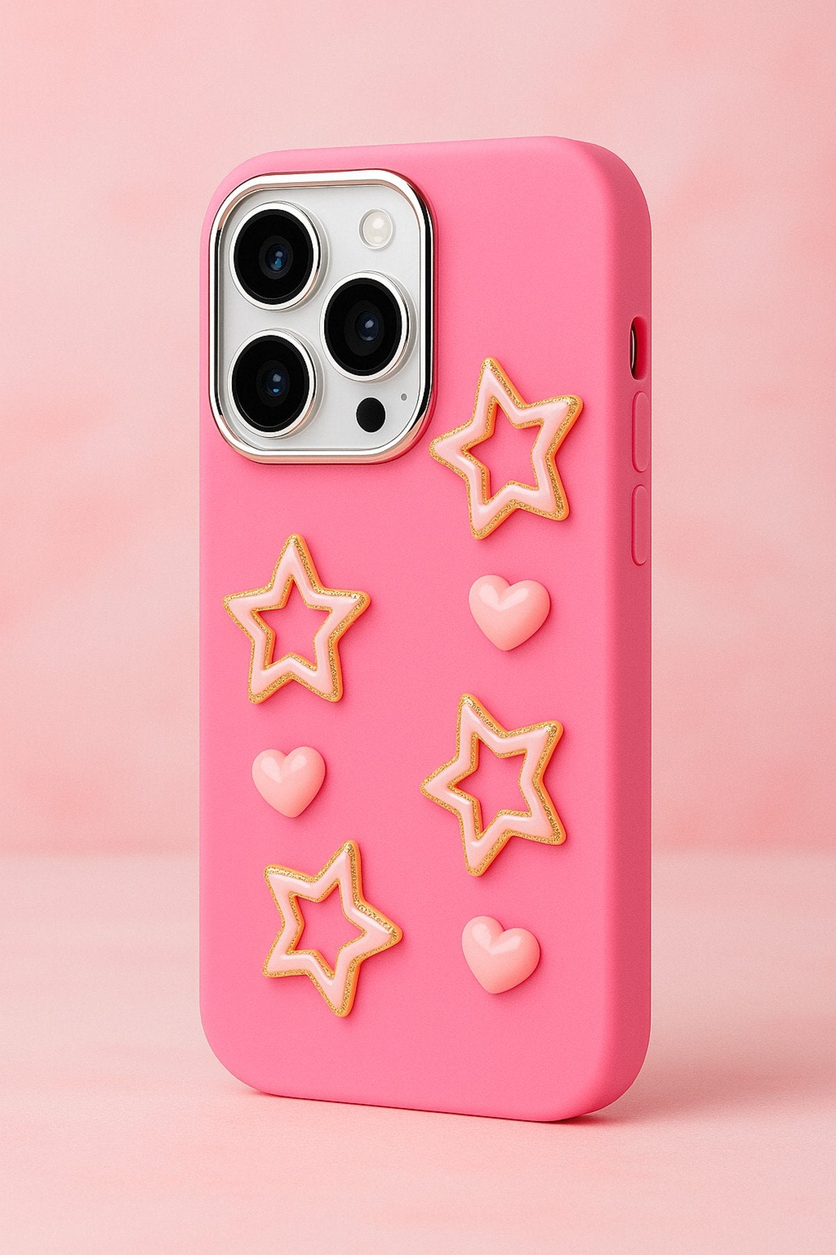 iPhone 14 Pro Max Uyumlu Darbe Emici Yapılı 3d Pembe Yıldızlar Karakterli Koruyucu Lüx Kılıf