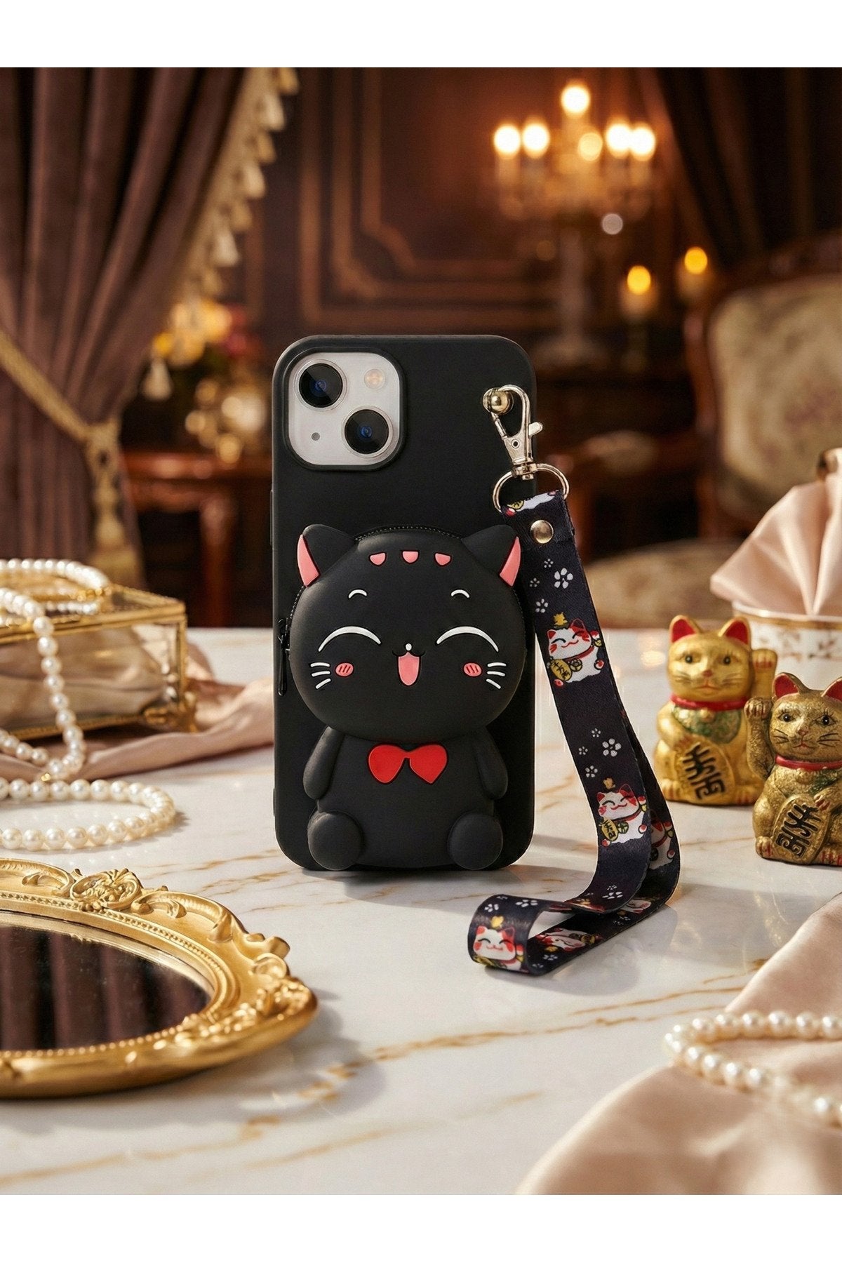 İphone 14 Plus ve 15 Plus Uyumlu Çantalı ve Boyun El Askı Aparatlı 3 Boyutlu Desenli Telefon Kılıfı