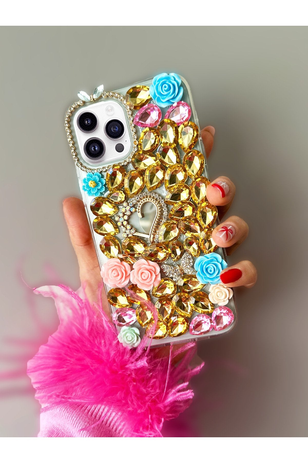 iPhone 15 Pro Max Uyumlu Aynalı Ve Güllü Altın Rengi Taş Döşemeli Ultra Premium Koruyucu Kılıf