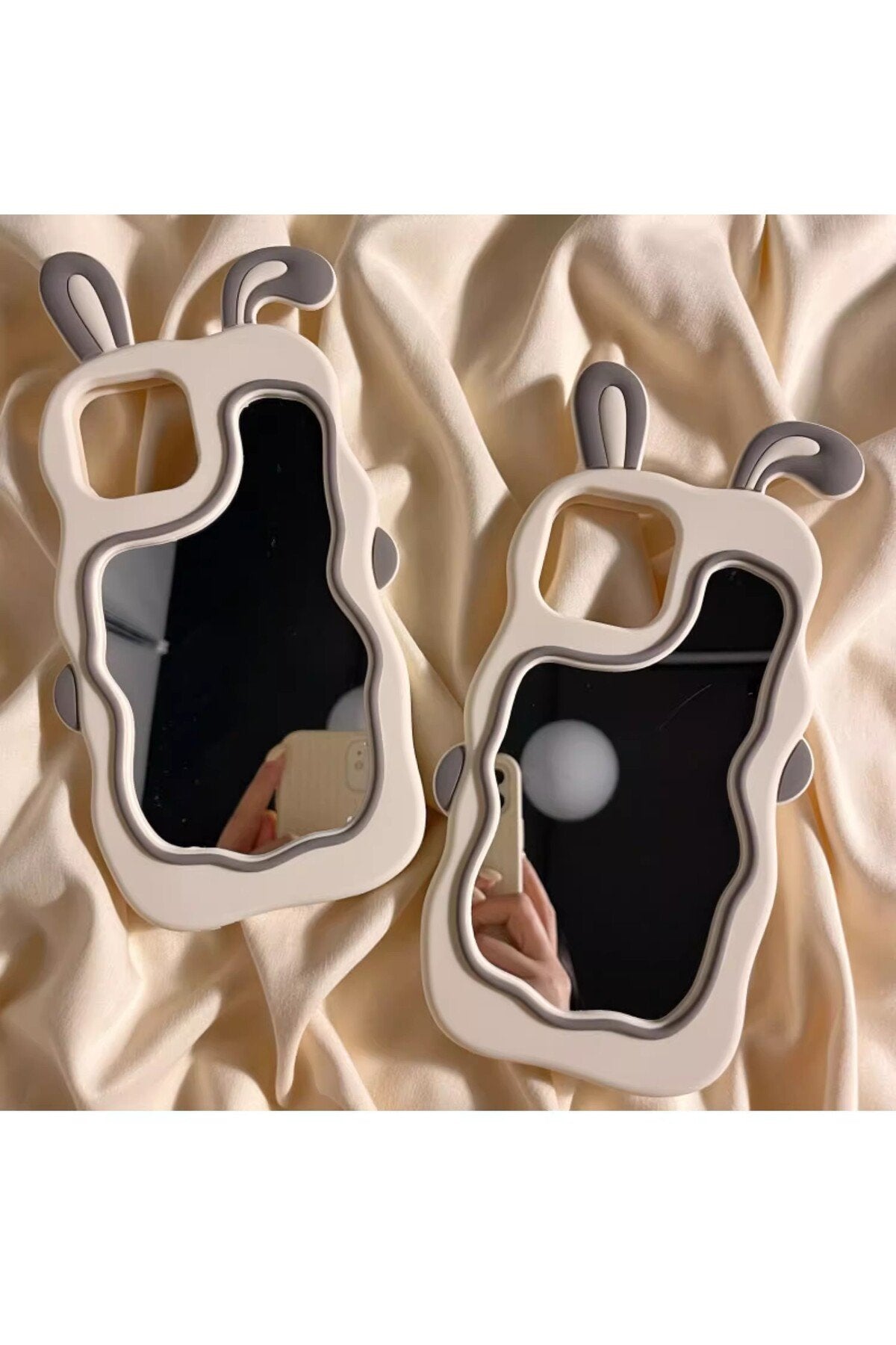 iPhone 13/14/15 Uyumlu Sevimli Tavşan Kulaklı Makyaj Aynalı Darbe Koruyucu Telefon Kılıfı