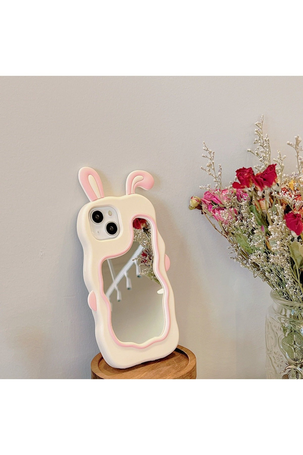 iPhone 15 Pro Uyumlu Sevimli Tavşan Kulaklı Makyaj Aynalı Darbe Koruyucu Telefon Kılıfı