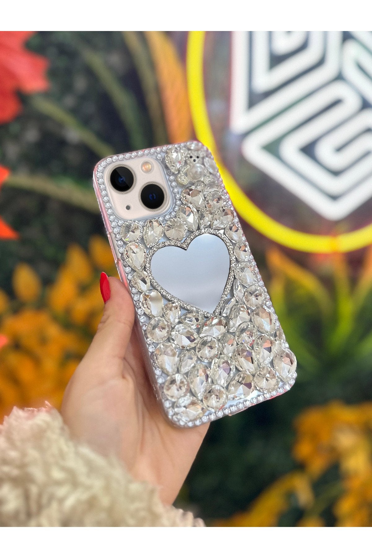 iPhone 13 Ve 14 Uyumlu Aynalı Ayıcık Karakterli Gümüş Renk Taşlı Koruyucu Premium Kılıf